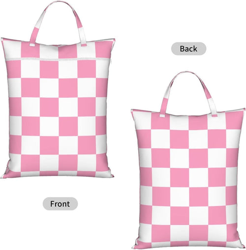 "pink and white checkerboard plaid 2-Pack Travel Laundry Bags for Dirty Clothes- Large Waterproof Laundry Tote, Wet & Dry Use, Reusable Foldable Carry Handles for Vacation, Gym & Dorm"