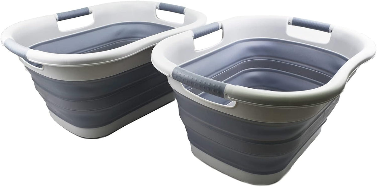 SAMMART 30L (7.9 gallon) Collapsible Plastic Laundry Basket - Foldable Pop Up Storage Container/Organizer - Portable Washing Tub - Space Saving Hamper/Basket (Grey/Dark Grey (Set of 2))