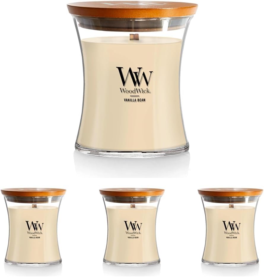 WoodWick Vanilla Bean Holiday Candle Gifts for Women and Men, 9.7 oz Medium Hourglass Candle with Crackling Wick (Pack of 4)