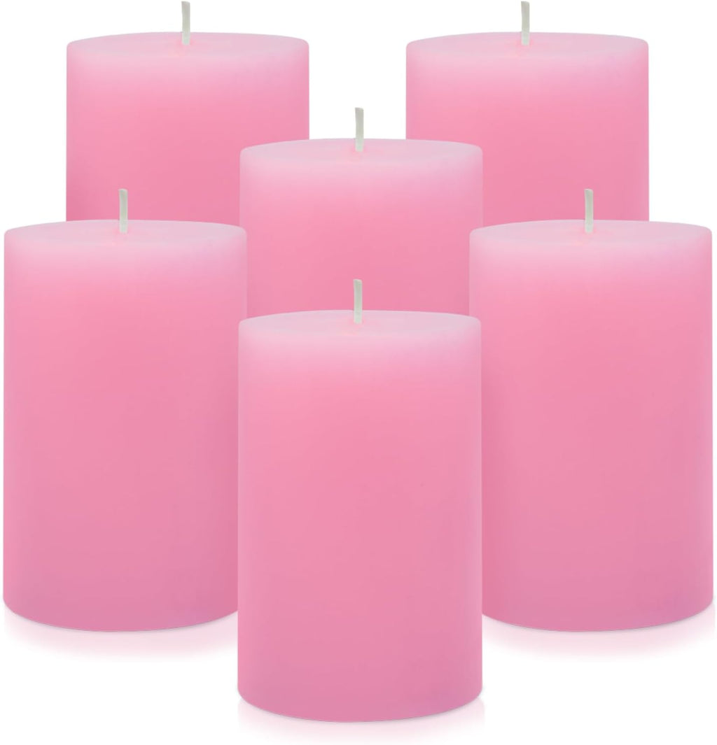 2.75“ x 4” Hand Poured Unscented Pink Candles, Dripless Pillar Candles Set of 6, Long Burning, Clean and Neat, Burn Time Approx. 90 Hours, Rustic, Weddings, Dinner Parties, Christmas, and Home Décor