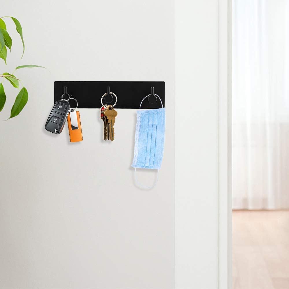 Picowe Key Holder for Wall Decorative, Adhesive Stainless Steel Key Hooks, Key Hanger Key Organizer for Wall, Towel Hook Coat Hanger for Entryway Hallway Kitchen(Three Rows,Black 1PCS)