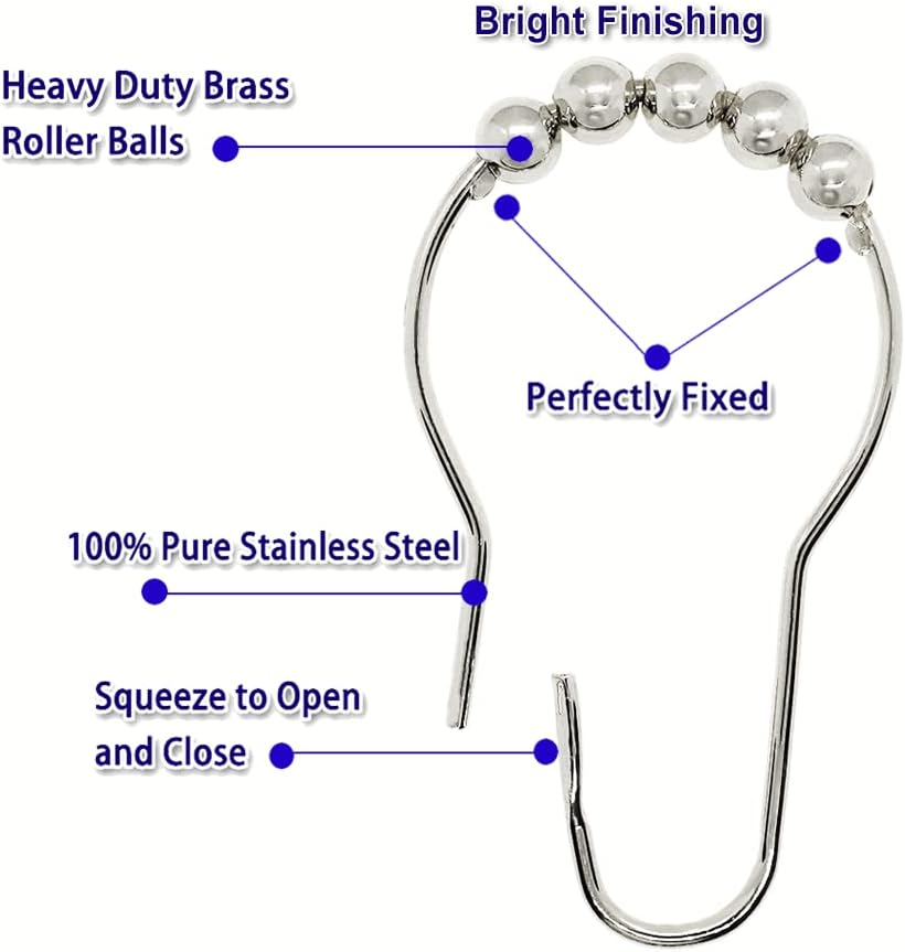 Shower Curtain Hooks Rings for Bathroom, 12PCS Gemstone Crystal Bead Water Drop Stainless Steel Rust Resistant Clear Shower Curtain Rings (Clear)