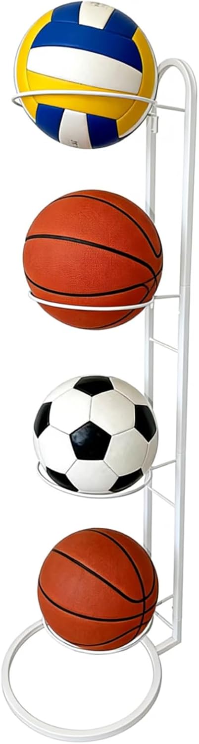 Ball Storage Rack, White Metal, 4-Tier Vertical Organizer for Basketball, Soccer, Volleyball, Sports Equipment Holder (4-Tier)