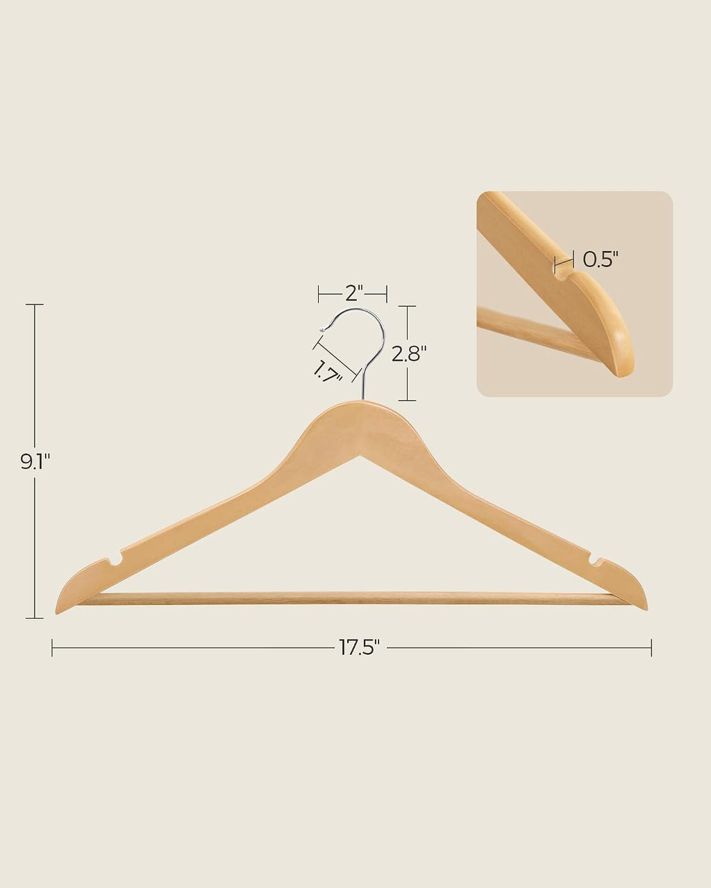 SONGMICS Wooden Hangers, 20-Pack Wood Hangers with Non-Slip Pants Bar