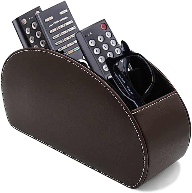 Remote Control Holder Organizer with Metal Bottom Stable Table Desk Leather Control Storage TV Remote Control Organizer with 5 Spacious Compartments (Brown with Metal Bottom)