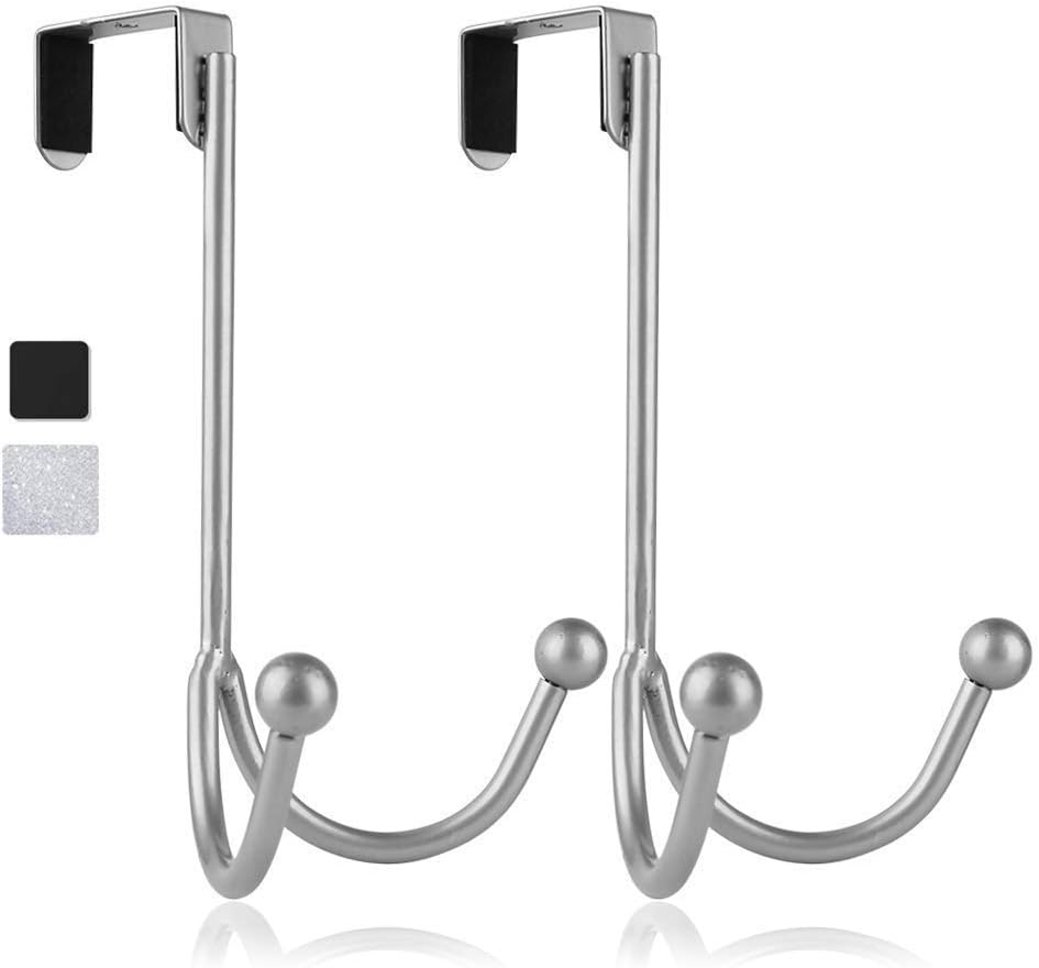 HFHOME 2Packs Over the Door Double Hanger Hooks, Metal Twin Hooks Organizer for Hanging Coats, Hats, Robes, Towels- Silver