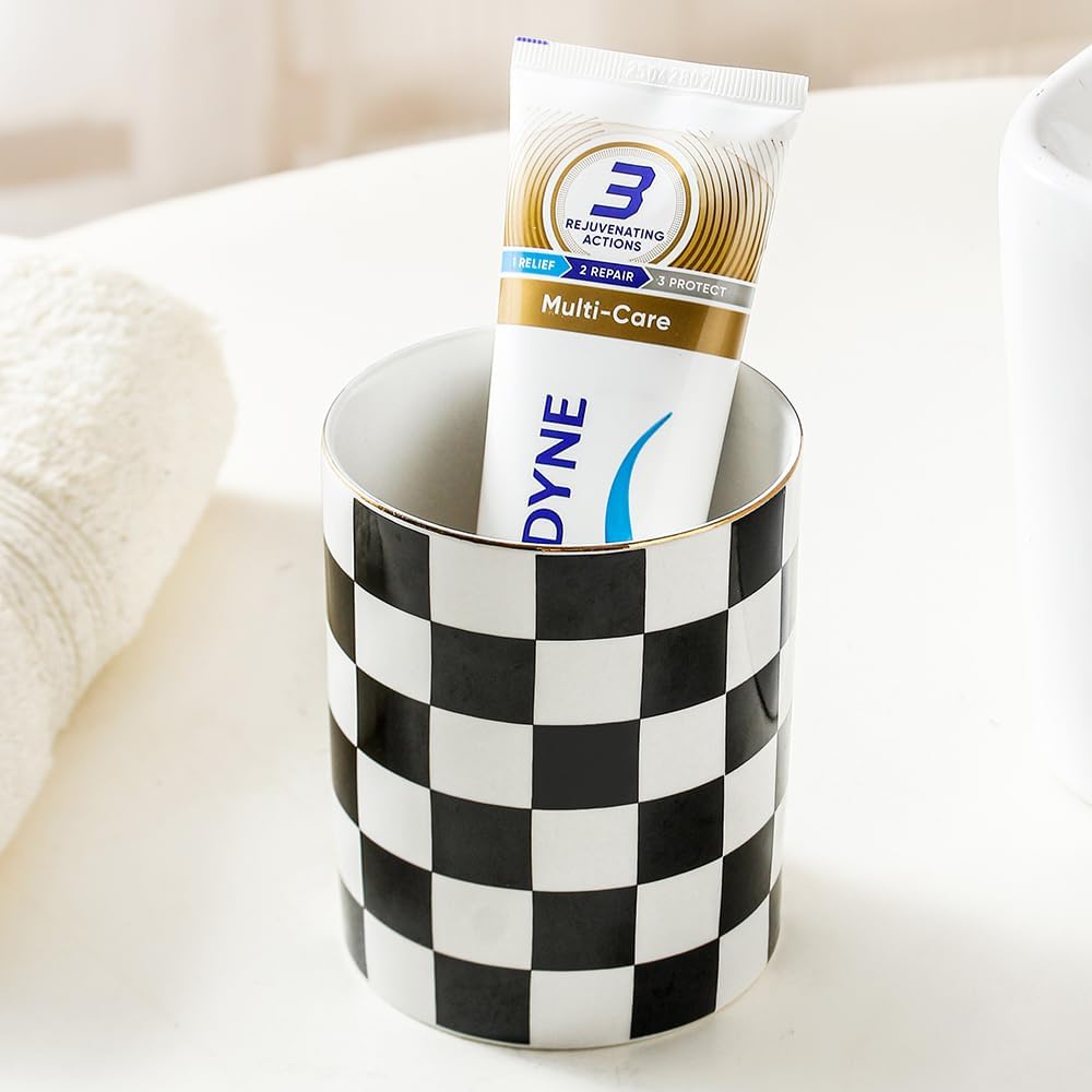 Ceramic Toothbrush Holder Toothpaste Holders, Cute Bathroom Tumbler Cups Reusable,Checkered Bathroom Counter Decor Organizer, Makeup Brush Holder,Pen Holder (Black)