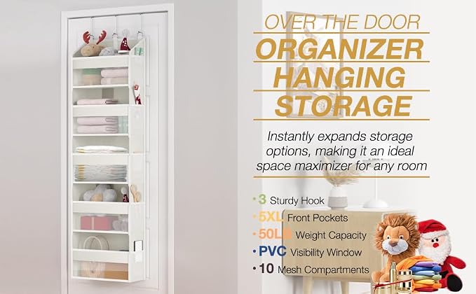 Over the Door Organizer Over the Door Shoe Organizer with 5 Front & 10 Mesh Side Pockets, Versatile 5 Shelf Hanging Holder 50lb Capacity Storage with 3 Hook for Closet, Kitchen, Pantry, Beige
