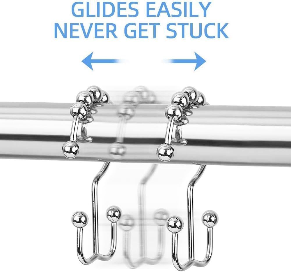 DAWNER Shower Curtain Hooks, Rust Proof Metal Easy Glide Double Rings, Stainless Steel Hangers for Bathroom Curtains, Set of 12, Polished Chrome (Pack of 3)