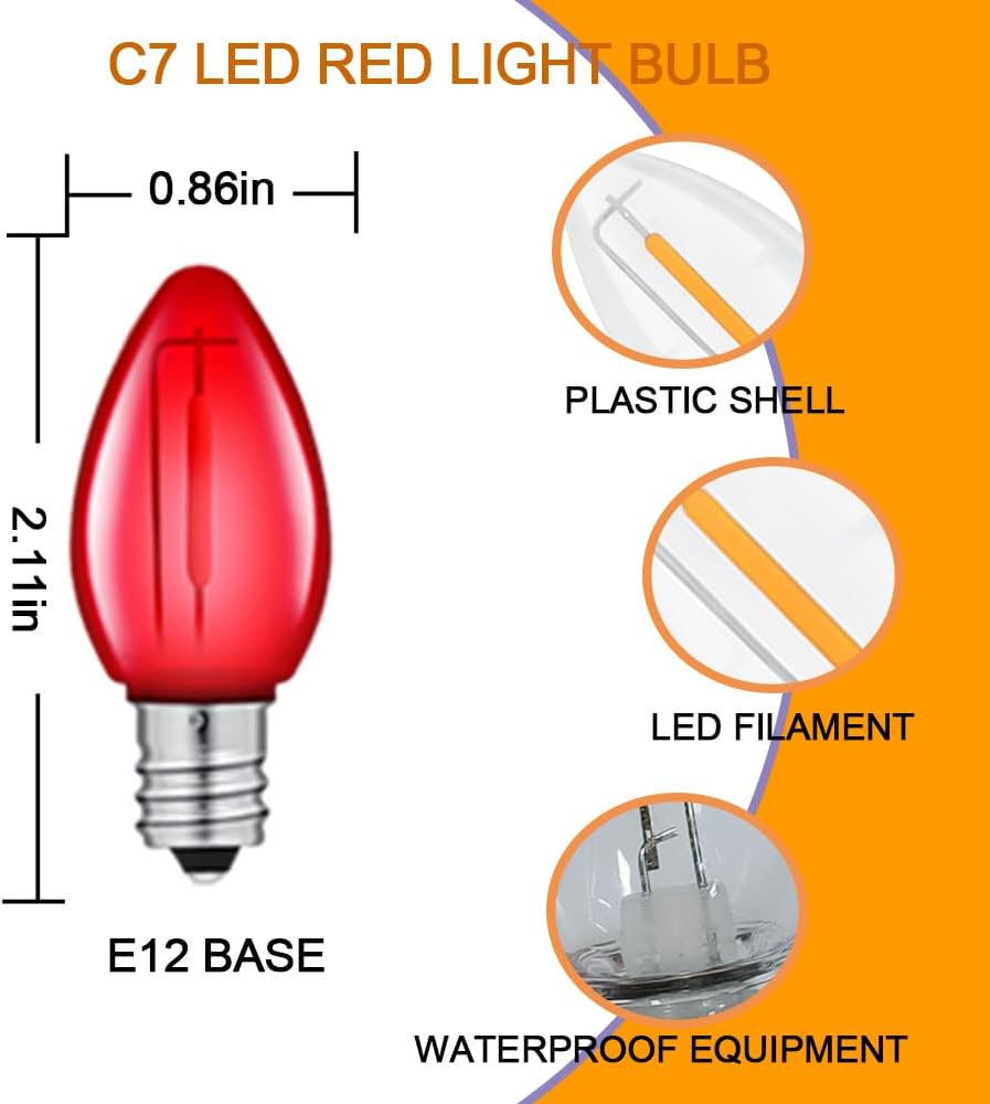 50 Pack C7 Multicolor 120V Waterproof Led Replacement Christmas Light Bulb