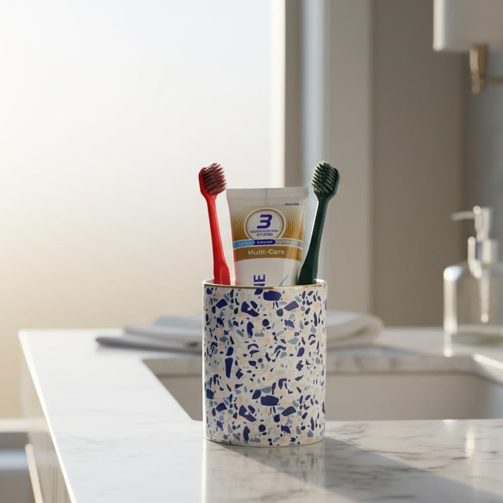 Ceramic Toothbrush Holder Toothpaste Holders, Cute Bathroom Tumbler Cups Reusable,Checkered Bathroom Counter Decor Organizer, Makeup Brush Holder,Pen Holder (Terrazzo)