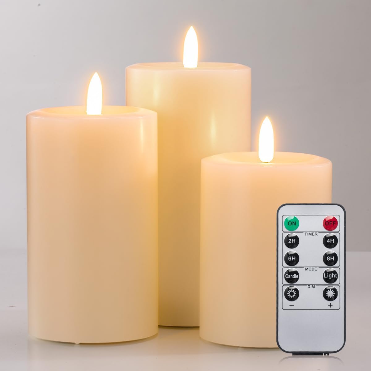 Flameless Candles Set of 3, Realistic Real Wax Top Flat 3D Wick Ivory Pillar Candles Set with Remote, Size D: 3'' x H: 4'' 5'' 6'', 2H 4H 6H 8H Timer, Flicker, Dimmer, Run by 2 AA Battery