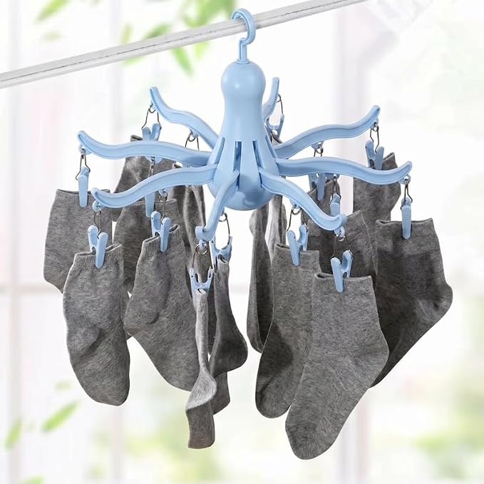 Foldable Clip and Drip Hanger/Hanging Drying Rack - 16 Clips Socks Drying Rack for Drying Underwear Clothes,Socks,Bras,Towel,Pants,Hat (Light Blue)