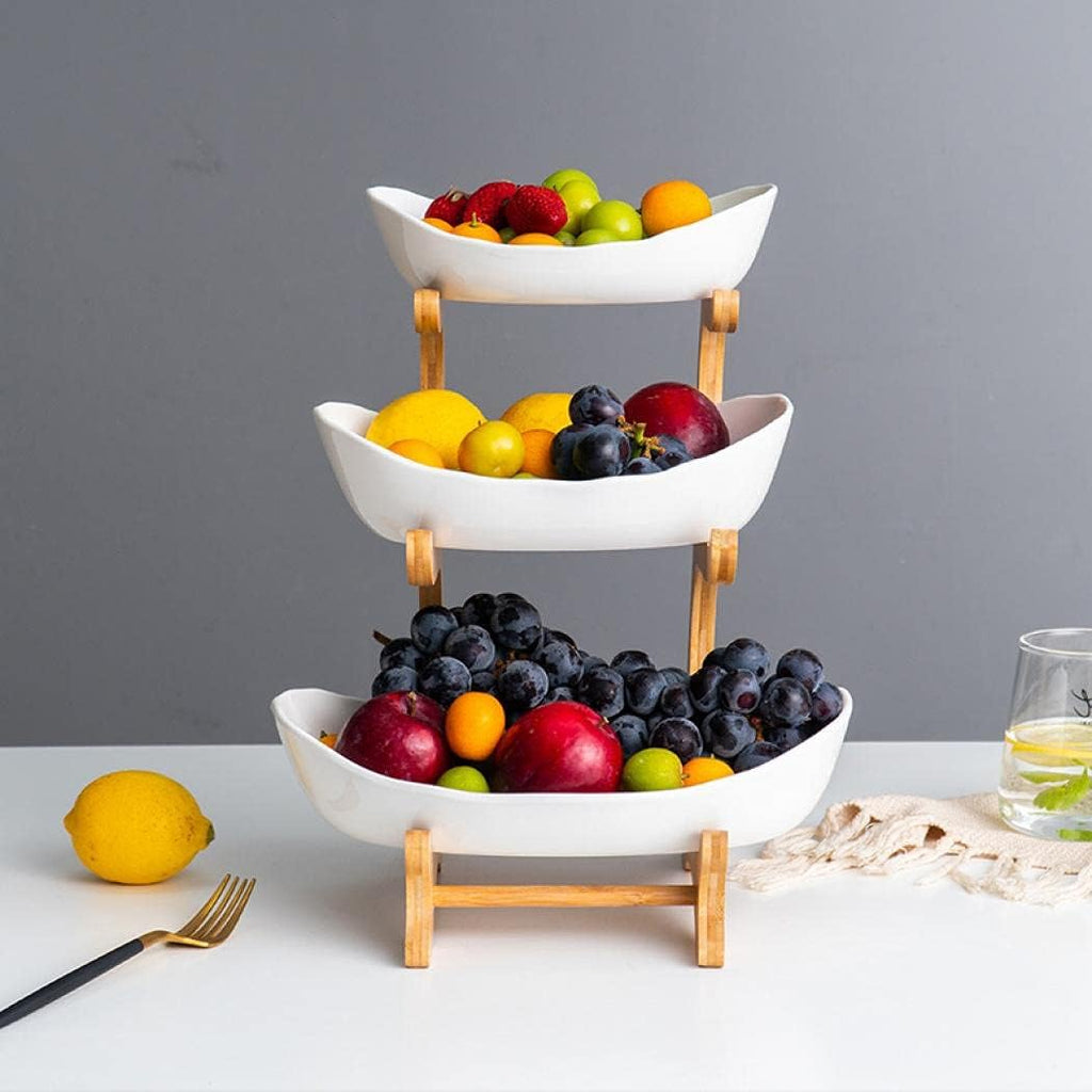 jessie 3 Tier Fruit Bowl Ceramic with Wooden Stand Fruit Bowl for Kitchen Counter for Storage Vegetable Fruit Cup Cake Dessert, White