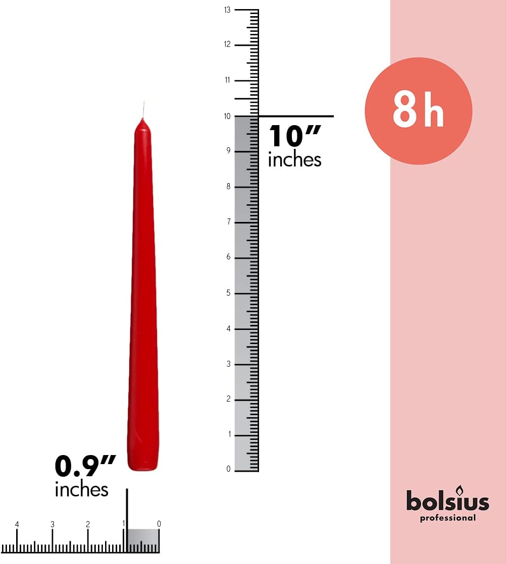 BOLSIUS Red Taper Candles - 4 Pack Unscented 10 Inch Dinner Candle Set - 8 Hours Burn Time - Premium European Quality - Smokeless and Dripless Household, Wedding, Party, and Home Decor Candlesticks