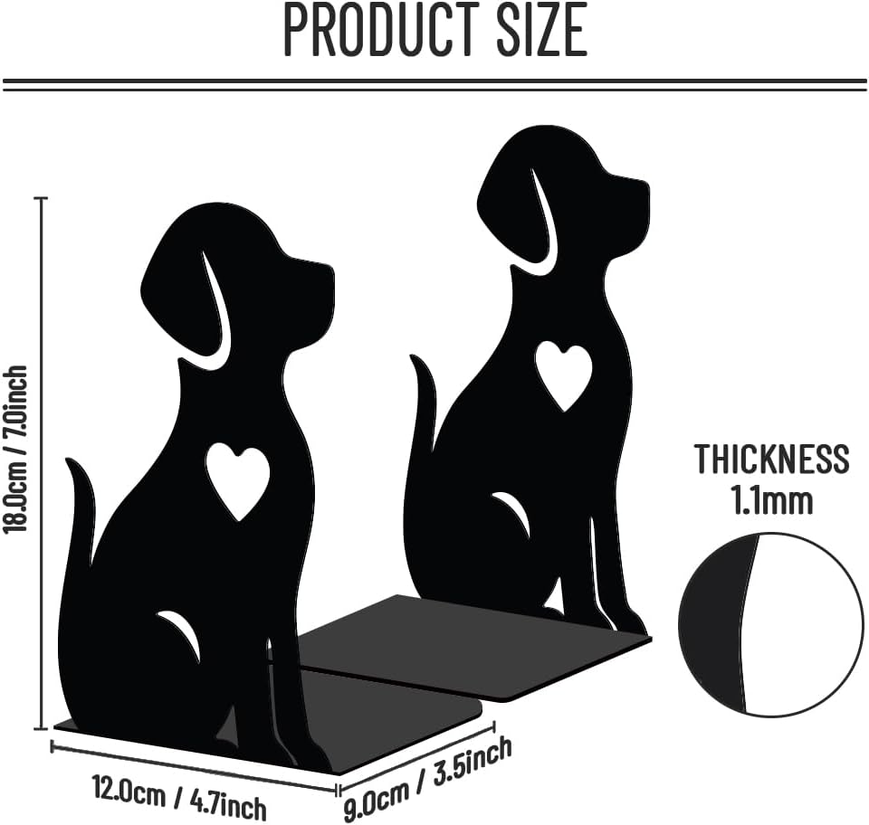 WADORN 1 Pair Dog Metal Bookends for Shelves, Puppy Book Ends Support