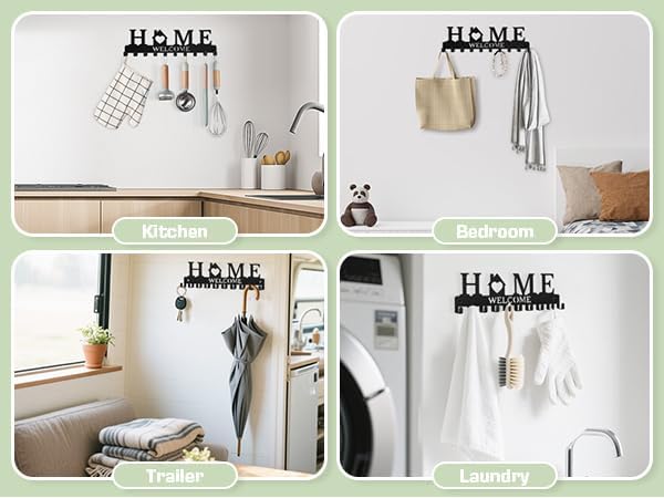 Key Holder Wall Mount, Adhesive Key Hanger with 10 Hooks, Black