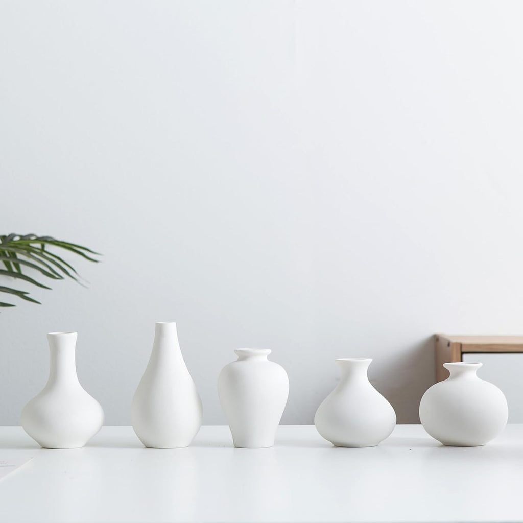 Small Ceramic Vase Set of 5, Modern White Vase, Bud Vase, Boho Decorative Vase for Fireplace, Entryway and Living Room, Centerpiece Table Decorations