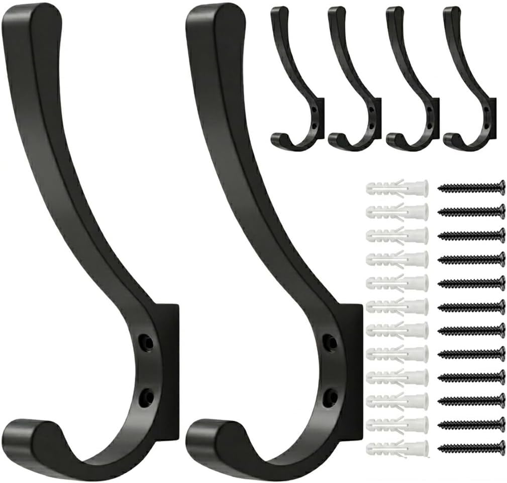 Coat Hanger Hooks Wall Mount - Backpack Hooks,Metal Wall Hooks For Hanging Heavy Duty,Screw In Hooks For Hanging Clothes,Black Coat Hooks For Wall,Purse Hanger For Wall,Wall Mounted Bag Hooks (6 Pack)