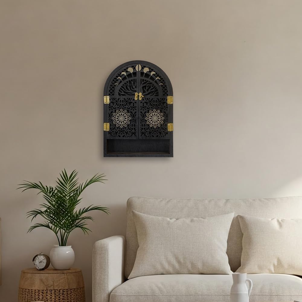 Small Tree of Life Crystal Display Shelf for Trinket and Knick Knack, Moon Shelves for Crystal Display, Crystal Holder Spiritual Decor Arch Wall Cabinet, Gothic Shelves Antique Case Wall Mounted