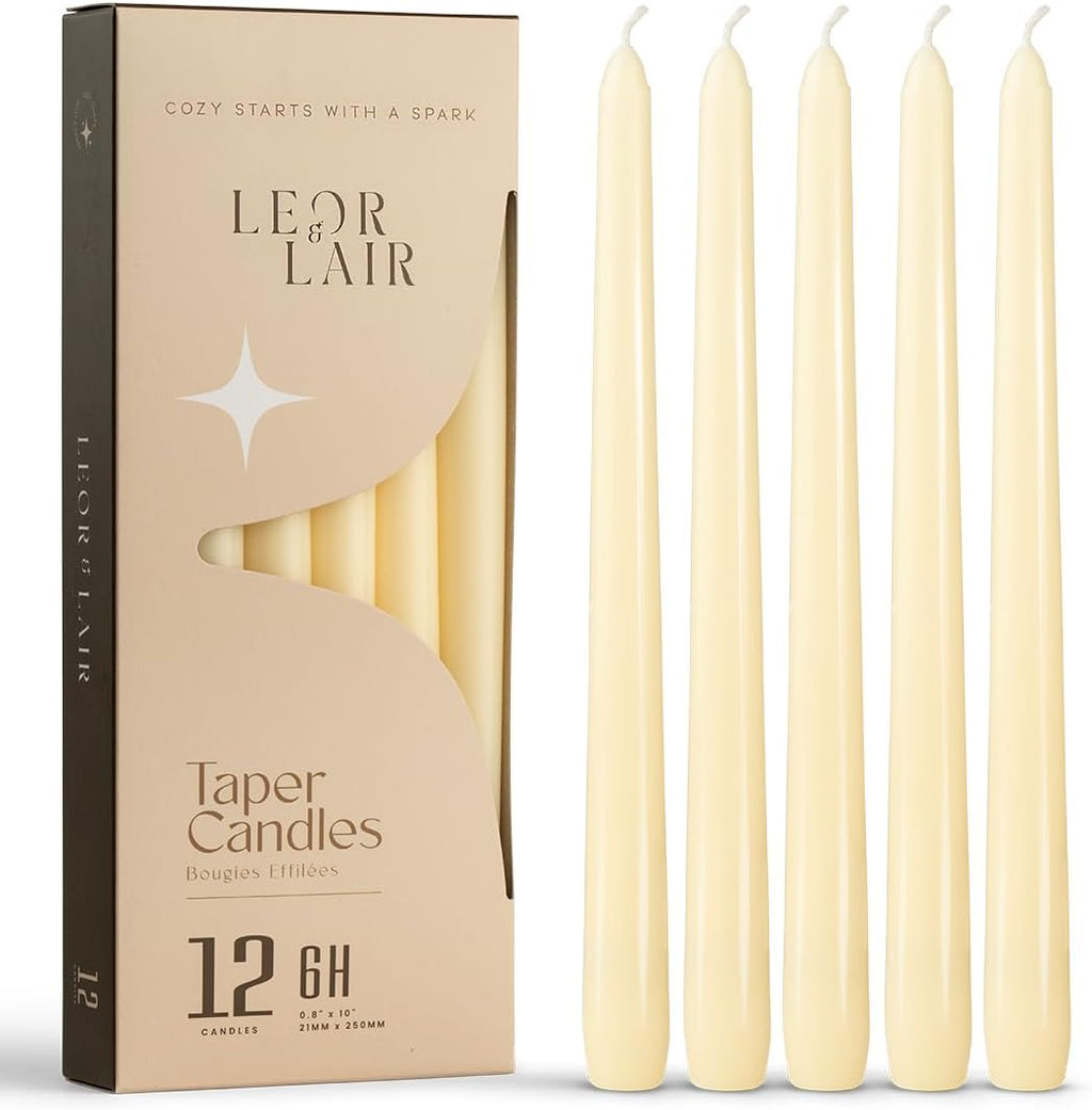 Leor & Lair Ivory Taper Candles, 12 Pack, 10" Unscented Ivory Candlesticks