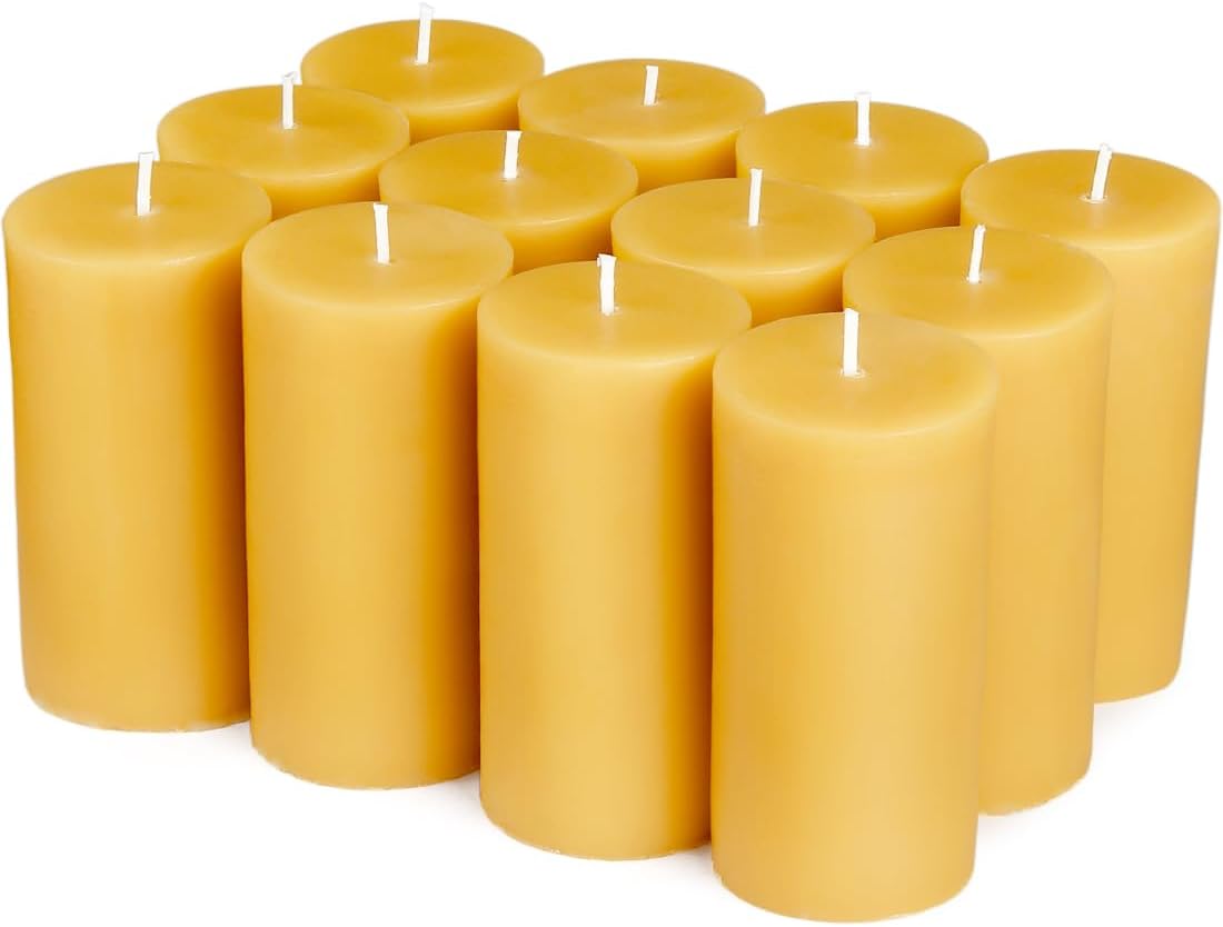 12 Pack 2 inch Thick Natural Beeswax Pillar Candle, 4 inch Tall - Yellow