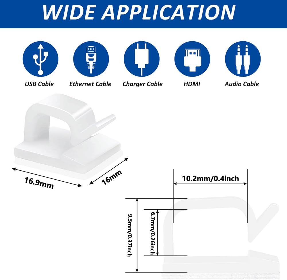 150 PCS Adhesive Cable Wire Clips Black, Outdoor Cable Management Wire Organizer Cord Holder for Under Desk, Car, Wall, TV PC Ethernet Cable (White)