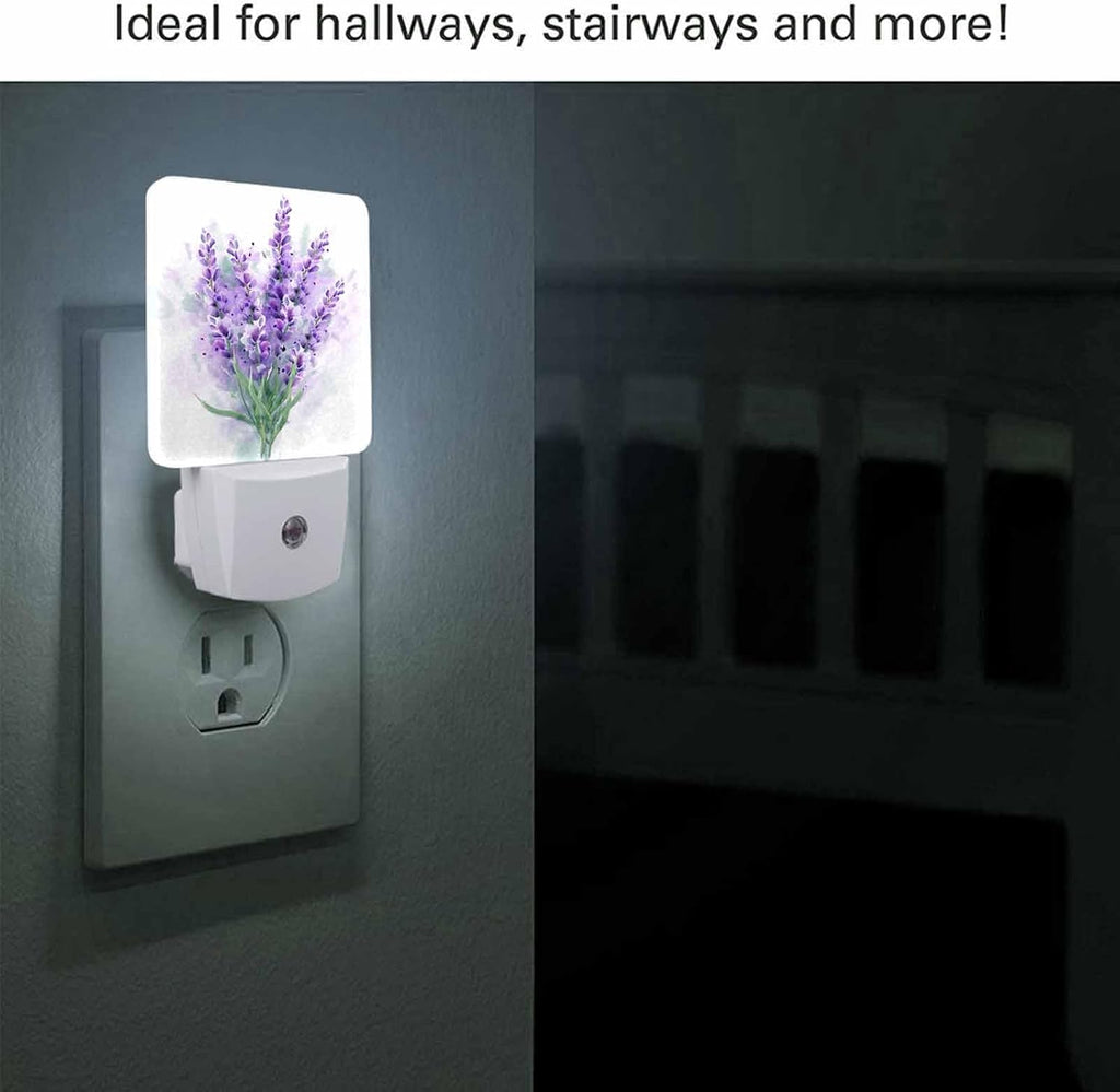 LED Night Light,Delicate Purple Lavender Flowers LED Night Light Plug into Wall with Dusk to Dawn Light Sensor White Energy Efficient Nightlight for Bedroom Bathroom Hallway LivingRoom Kitchen