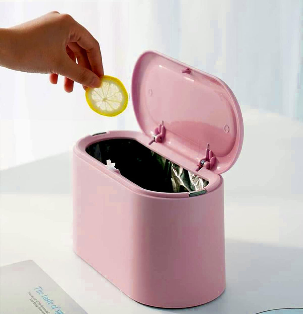 LTWQLing Mini Trash Can with Lid - Removable Small Garbage Can, Tiny Plastic Trash Bin, Pop Up Countertop Wastebasket, Counter Garbage Lint Bin for Bathroom,Office,Kitchen,Desk,Coffee Table(Pink)
