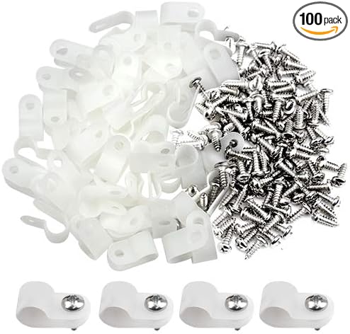 100pcs White Nylon R-Type Cable Clamps Fastener for 1/8 Inch (3.2mm) Dia Wire Tube Plastic Wire Cord Clip Fixer with 100 Pack Screws for Wire Management