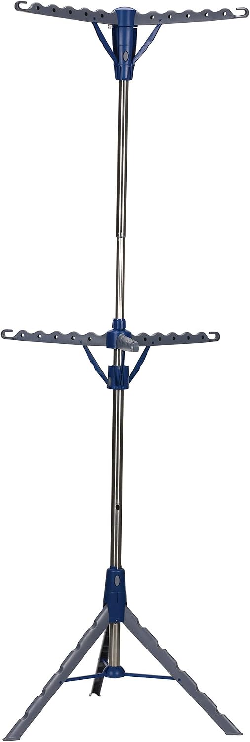 Household Essentials 5012-1 Portable 2-Tier Clothes Drying Rack Tri-pod | Dry Wet Laundry or Hang Clothes | Silver and Blue