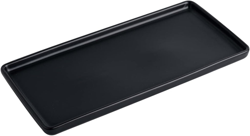Ceramic Bathroom Tray, Modern Countertop Vanity Organizer, Porcelain Rectangular Soap & Perfume Tray, Water-Resistant Dresser Jewelry Dish, 10",Black, 1 Pack