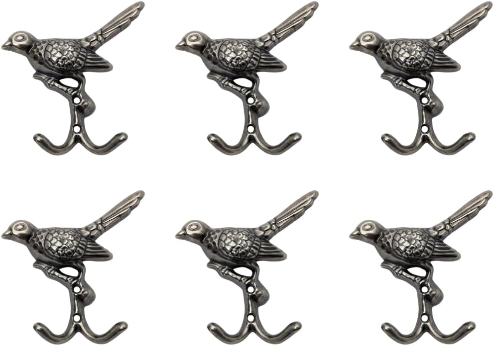 6 pcs Antique Silver Bird Decorative Wall Hooks for Hanging Coats, Keys, Towels, Bags, and More