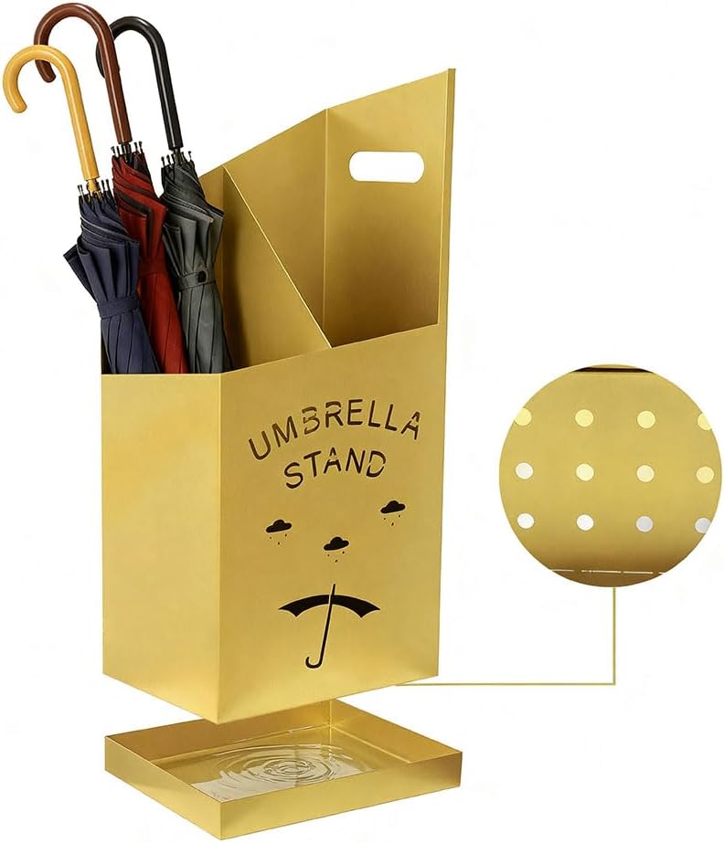 9.84" D x 7.87" W x 23.62" H Detachable Base Umbrella Stand - Elegant Raindrop Design, Water Collection Tray, Gold/Black Finish, Durable Home & Office Organizer