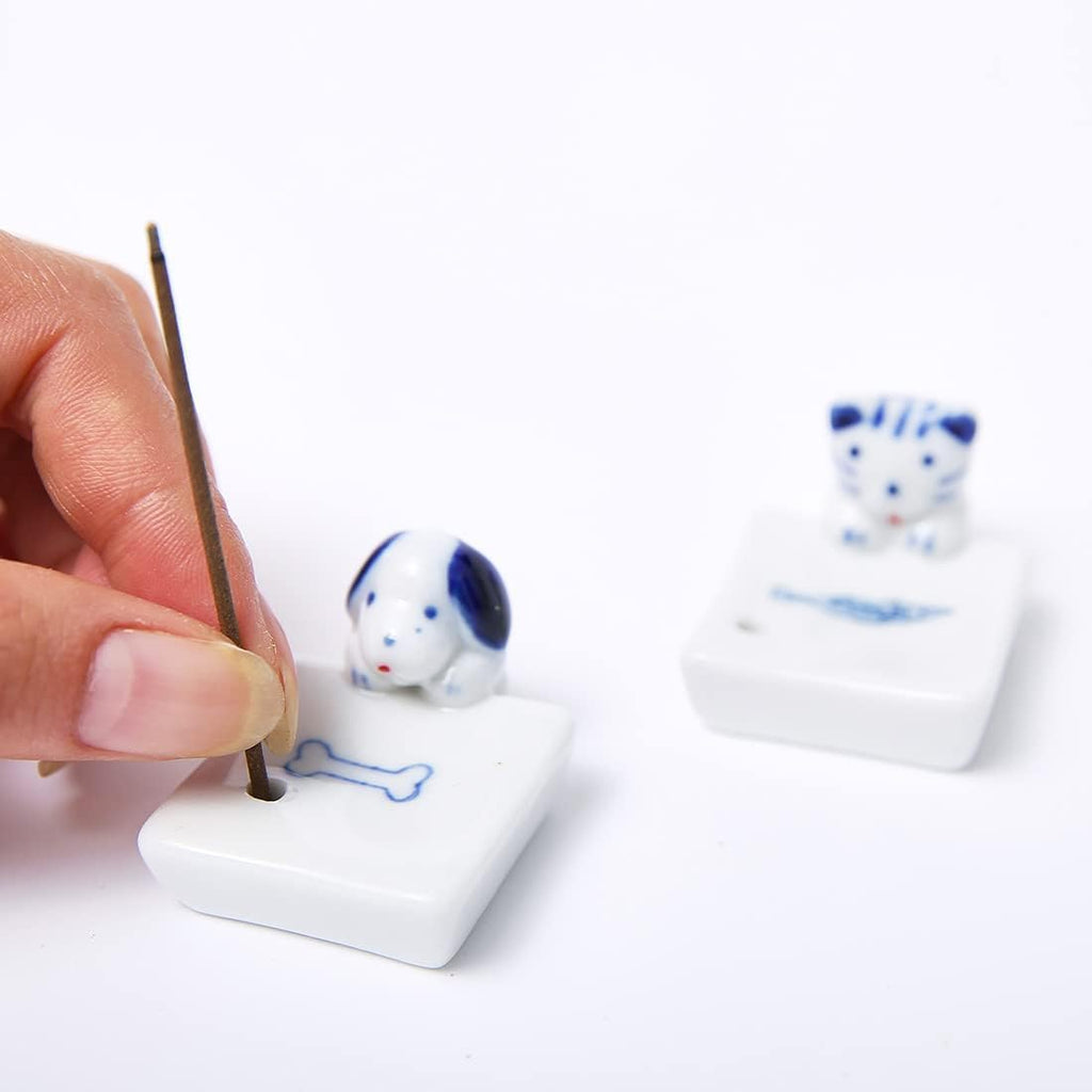 Set of 2, Japanese Mini Cute Kitty Cat with Dog Handmade White Ceramic Incense Stick Holder or Incense Burner Holder, Inscent Tray for Home Decor Yoga Spa Meditation, 1.42 inches