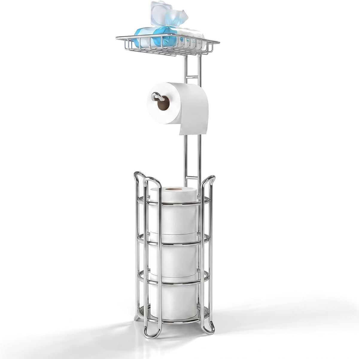 TreeLen Toilet Paper Holder Stand Toilet Tissue Roll Holder with Shelf for Bathroom Storage Holds Phone/ Wipe/ Mega Rolls-Shiny Chrome