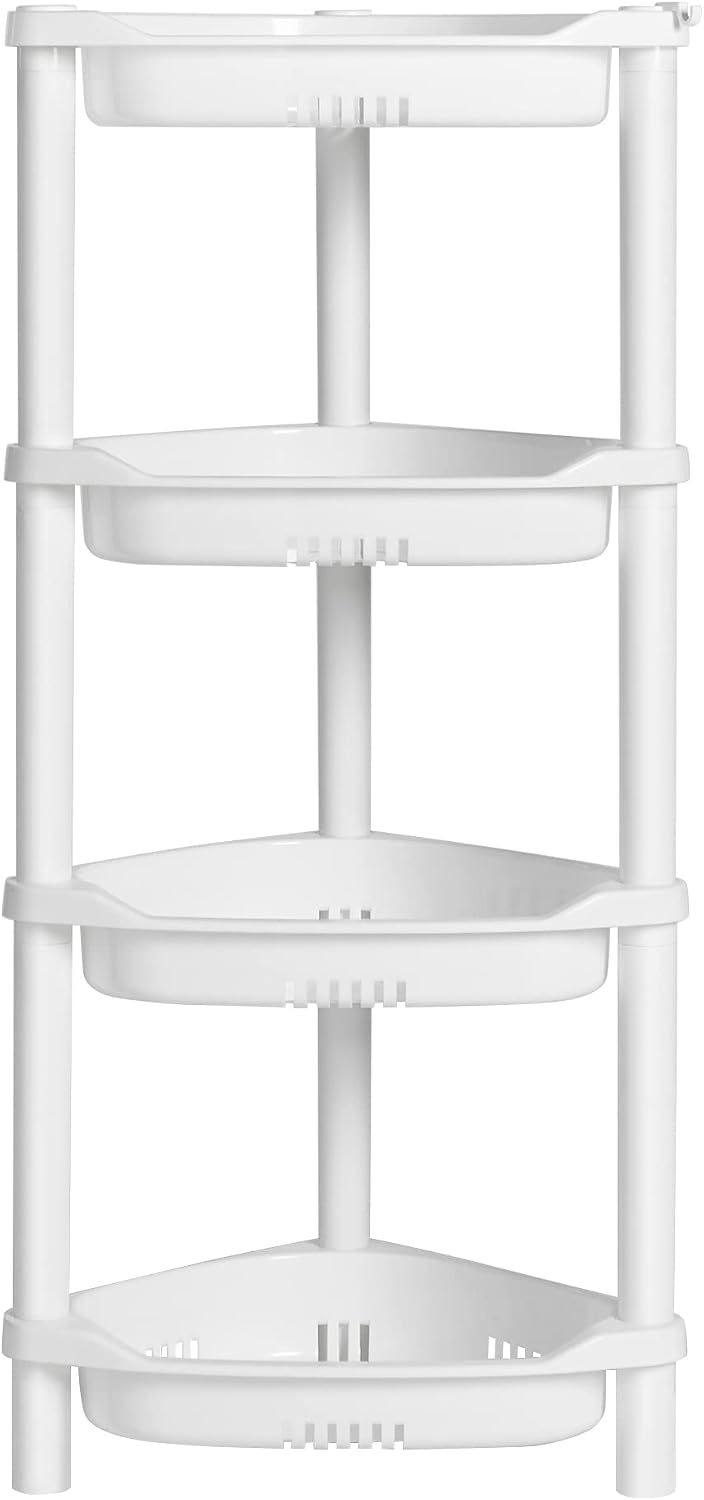 ELYKEN Corner Shower Caddy Standing, 4 Tier Plastic Shower Organizer, White