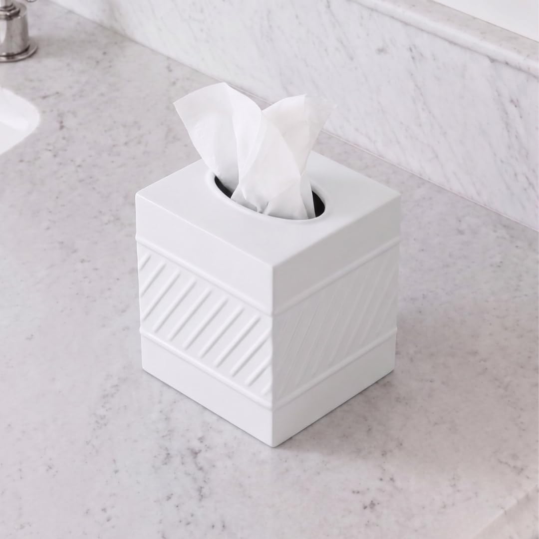 Monarch Abode Tissue Box Cover Square – Handcrafted Wave Embossed White Metal Tissue Holder Box for Bathroom Accessory, Aesthetic Decorative Facial Napkin Cube for Modern Home Decor