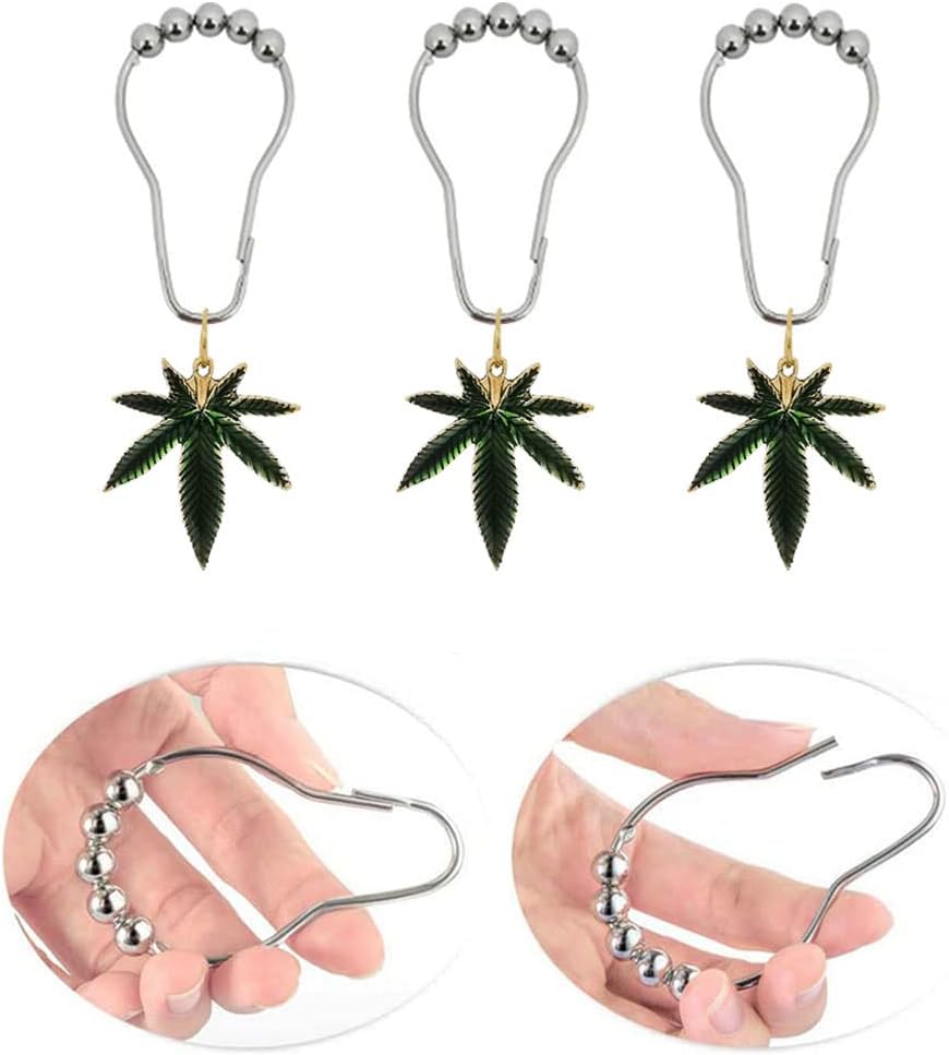 12Pcs Shower Curtain Hooks with Decorative Marijuana Leaf Pendant, Green