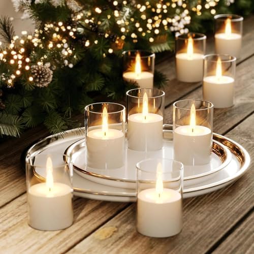 VIODAIM 12Pack Flickering Flameless LED Candles with Timer, Battery Powered - Small Pillar & Votive, Clear (2"X3") (Pack of 3)