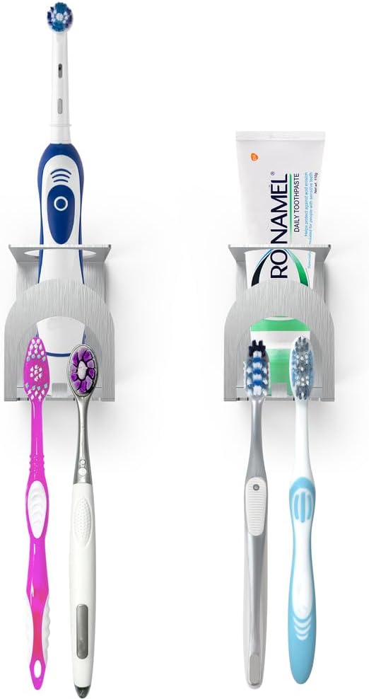 Linkidea 2 Pack Electric Toothbrush Holder Wall Mounted, Stainless Steel 3 in 1 Brush and Toothpaste Cup Holder, Self Adhesive Organizer for Bathroom Shower