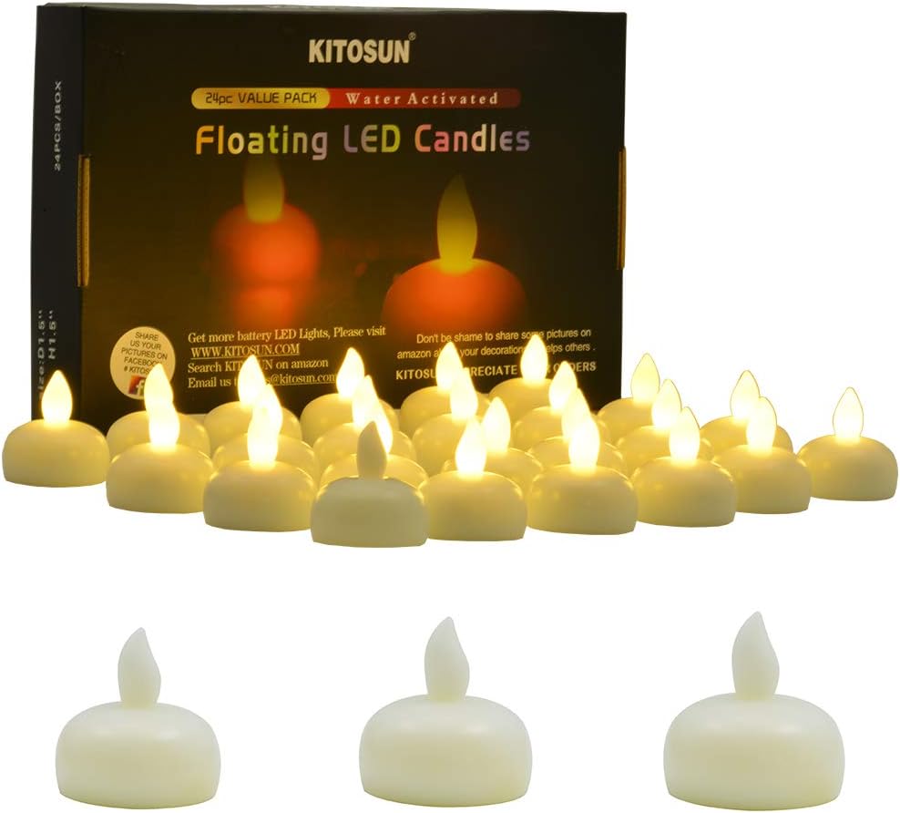 KITOSUN Floating Candles Waterproof Flameless Flickering LED Tea Lights Water Activated Battery Operated Led Candles for Proposal Wedding Bar Party Centerpiece Pool & SPA(24pcs Warm White)