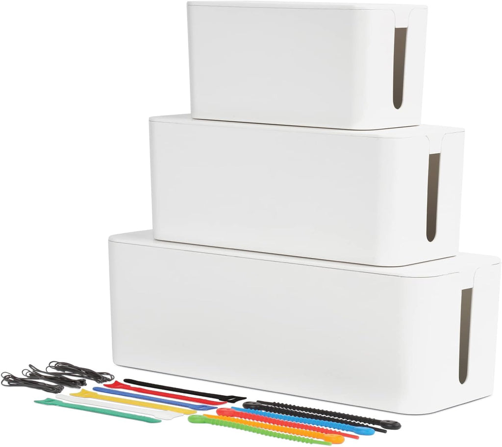 Oxford Cable Management Boxes, 3 Pack, Small, Medium, Large, 15 Cable Ties (Hook & Loop, Silicone,Twist Ties), Power Strip Organizer, White (27800)