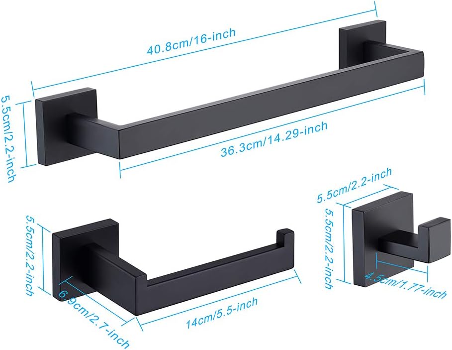 TASTOS 3-Piece Bathroom Hardware Set Matte Black Wall Mounted Bathroom Accessory Set, Premium Stainless Steel Robe Hook Toilet Paper Holder 16-Inch Towel Bar (Black)