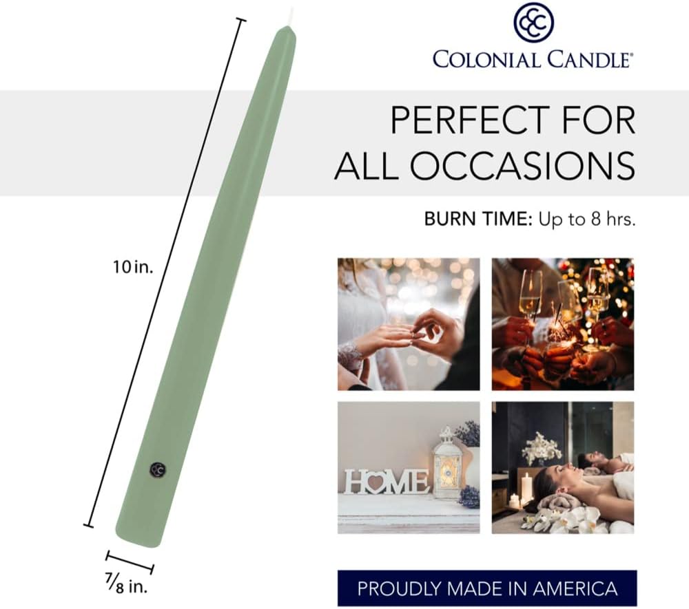 Colonial Candle Unscented Taper Candle, Handipt Collection, Green, 10 in, Pack of 6 Candlesticks - Up to 8 Hours Burn
