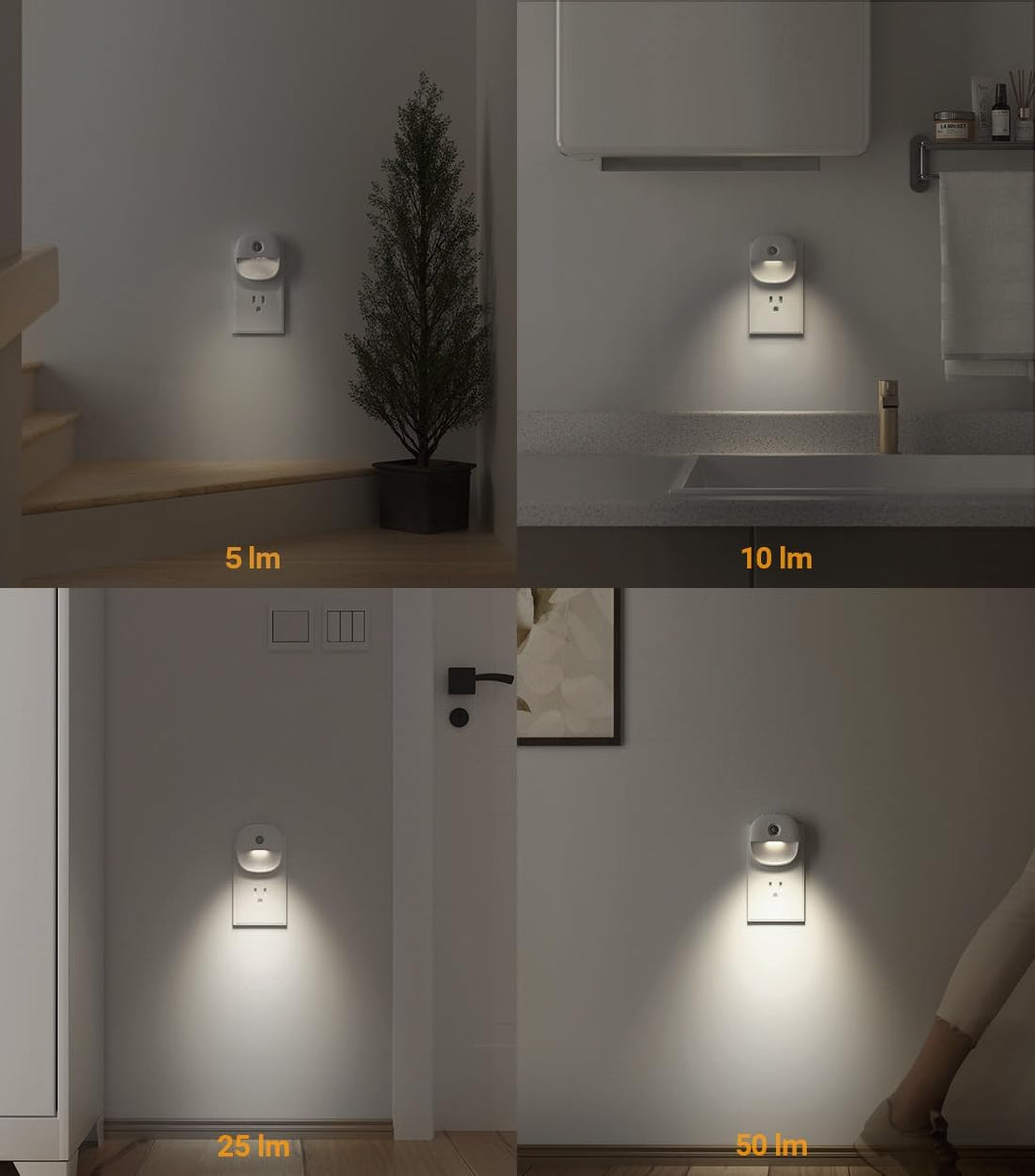 Lyridz Plug in Night Light with Motion Sensor and Dusk to Dawn Sensor, Dimmable Cool White Nightlight with 1-50lm Adjustable Brightness for Bedroom, Bathroom, Stairs, Hallway, 4 Pack