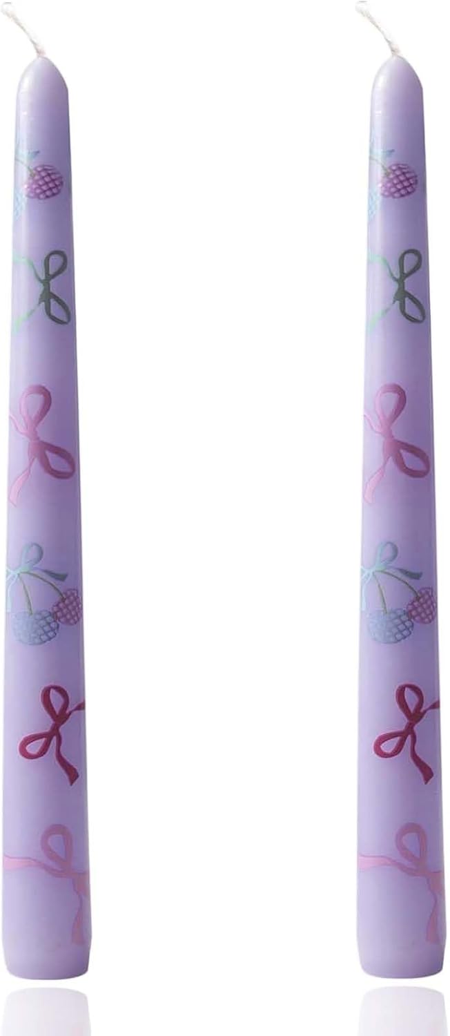 2 Pack Taper Candle 10 Inch Bow-Printed Candles,Candlesticks Unscented Dripless Tapered Candl Set for Decor Wedding Party Dinner,Valentine's Day,Various Festivals to Celebrate (Bow, Purple)