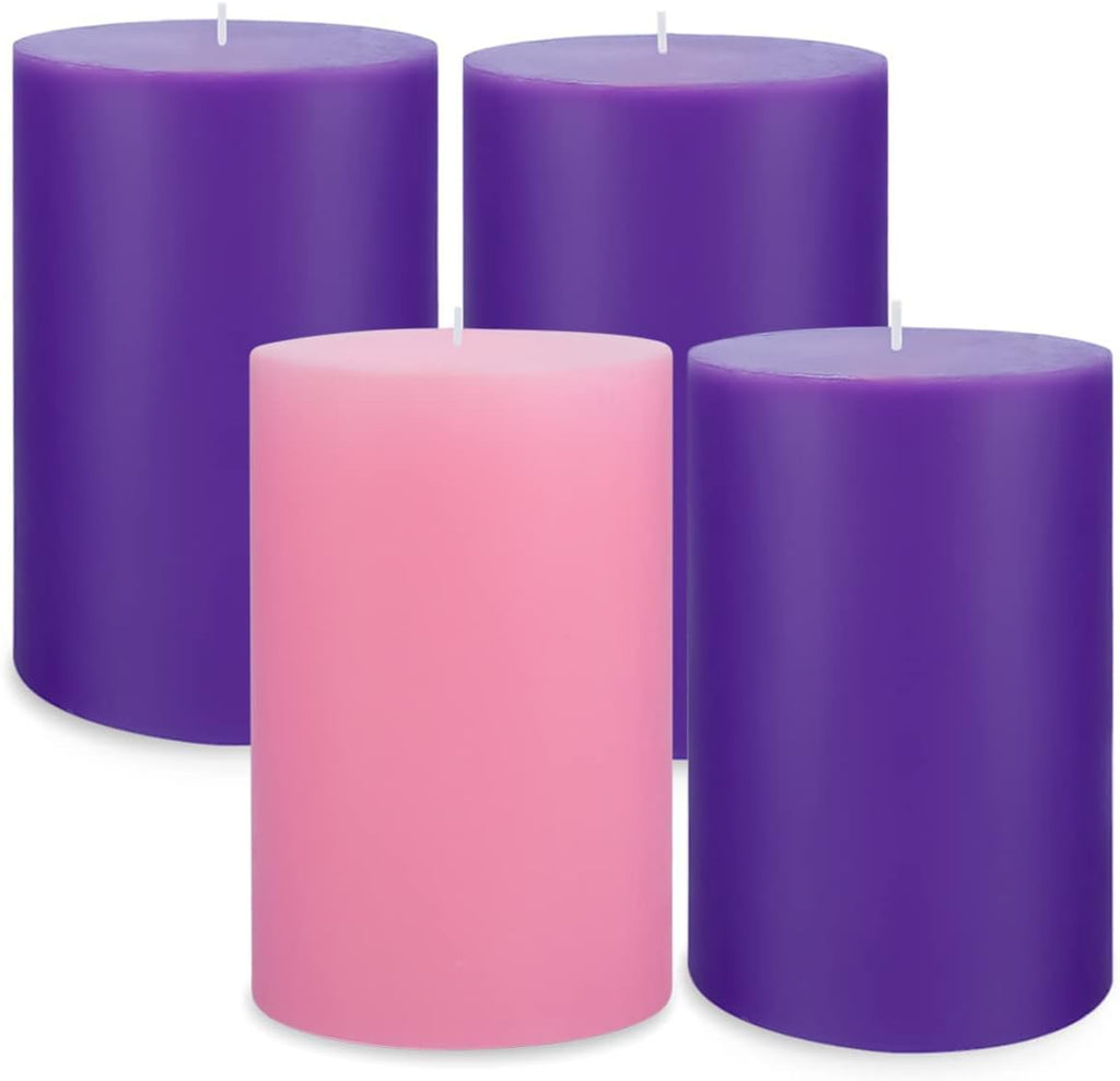 Set of 4 3x4 Inch Christmas Advent Pillar Candles, Unscented 3pcs Purple and 1pc Pink Solid Colored Candles for Christmas - 45 Hours Burn