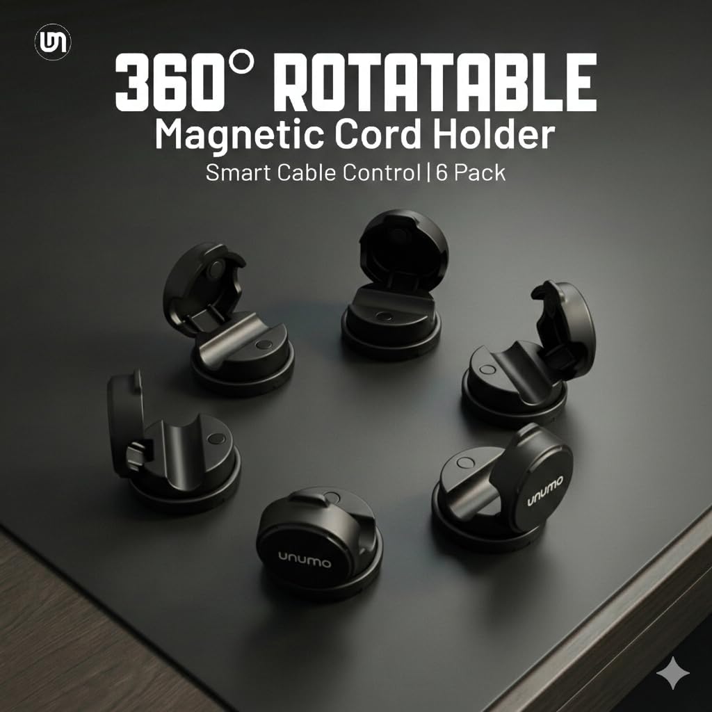 6 Pack Magnetic Cable Clips, Cord Holder, Under Desk Cable Management, UNUMO Adhesive Wire Holder Keeper Organizer for Home Office Desk Phone Car Wall Desktop Nightstand (Black)