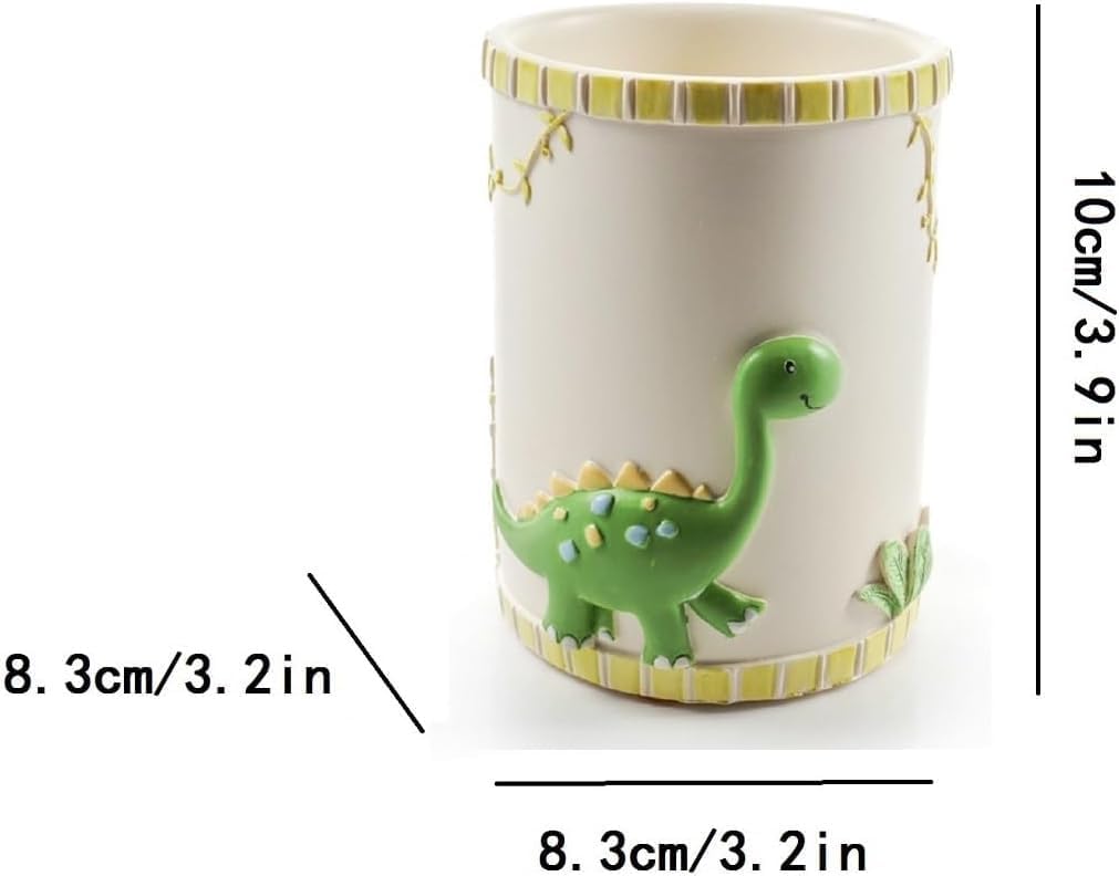 Wendin Cartoon Series Bath Accessory Set, Soap Dispenser Pump, Toothbrush Holder, Tumbler, Soap Dish Resin Art Color Decoration (Dinosaur 4 pcs)